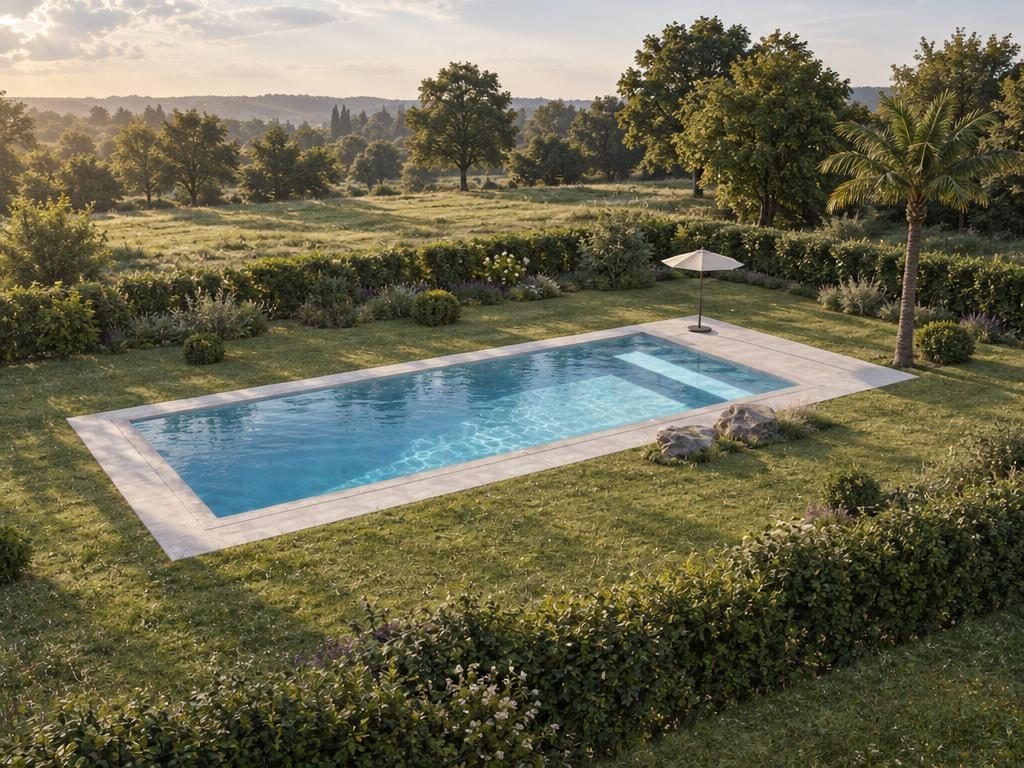 AI-rendered photograph of "Rectangle 15.1 × 6.1 m", a 15.1 × 6.1 m rectangle pool designed in PoolPlanner