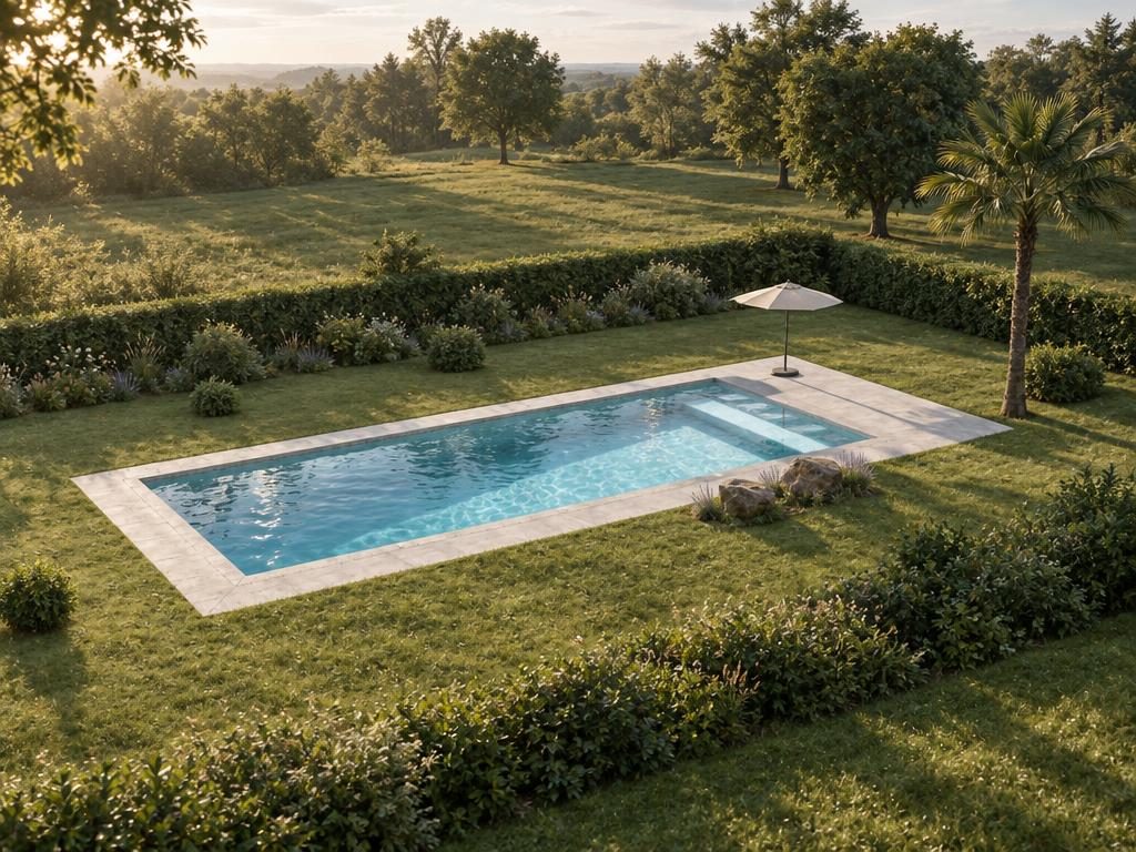 AI-rendered photograph of "Rectangle 15.2 × 6.1 m", a 15.2 × 6.1 m rectangle pool designed in PoolPlanner