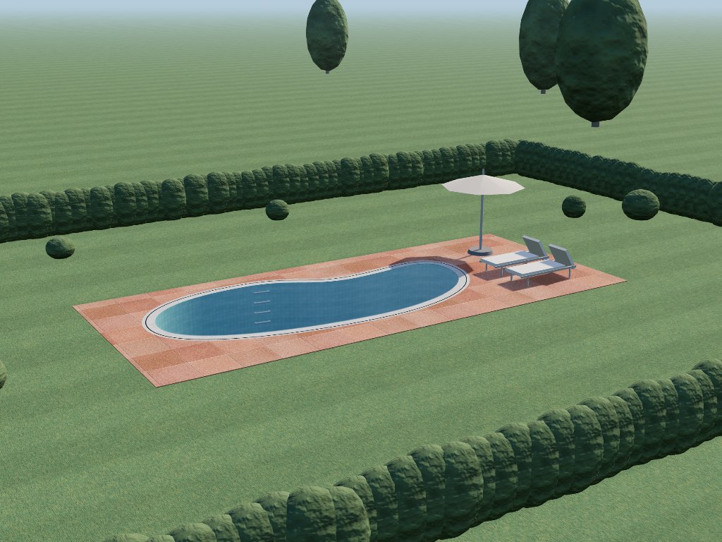 A 9 by 5 metre kidney pool, 1.40 m deep, seen from above at an angle