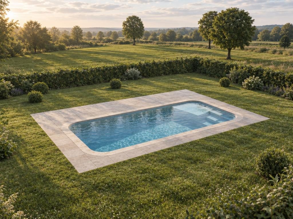 AI-rendered photograph of "2nd version", a 9.9 × 4.6 m rounded pool designed in PoolPlanner