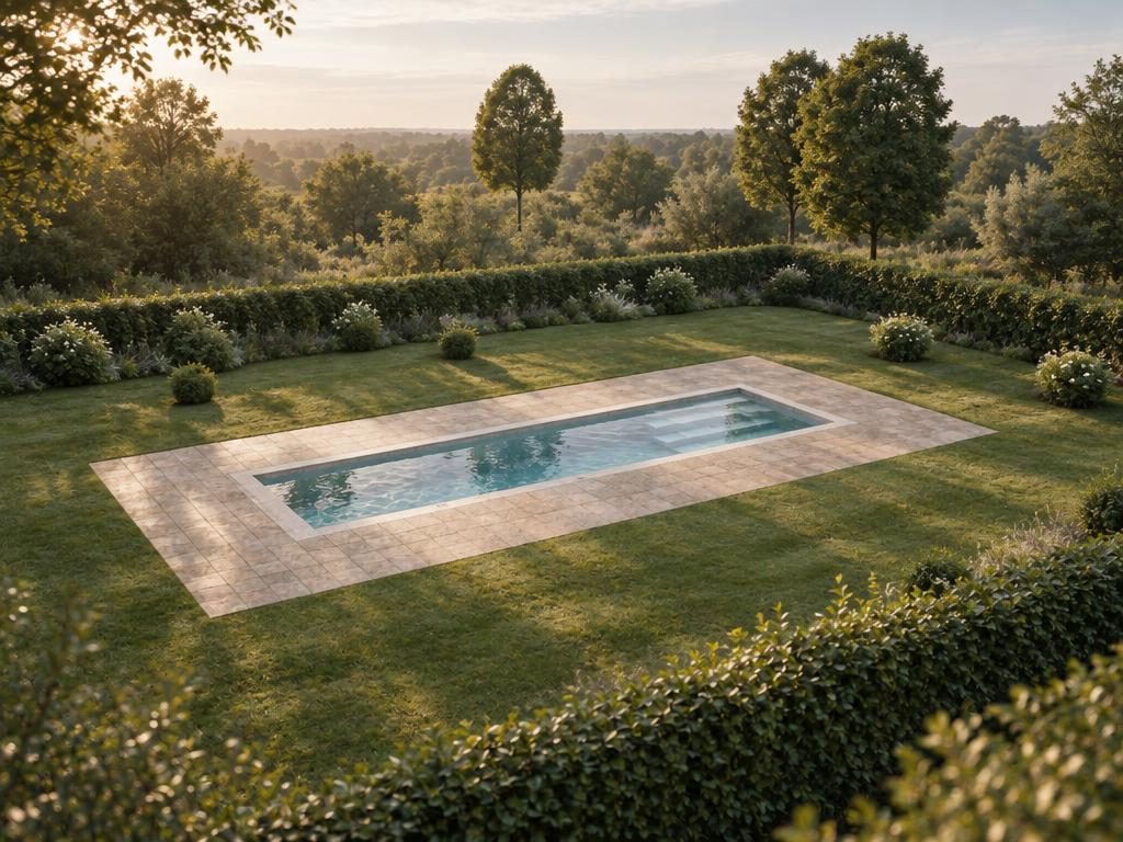 A 12 by 3 metre rectangle pool, 1.35 m deep, seen from above at an angle