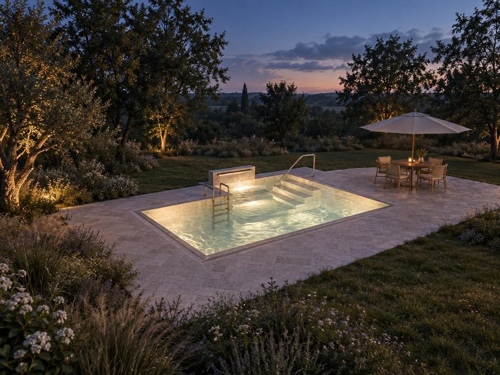 AI-rendered photograph of "L-shape 6.1 × 4.3 m", a 6.1 × 4.3 m l-shape pool designed in PoolPlanner
