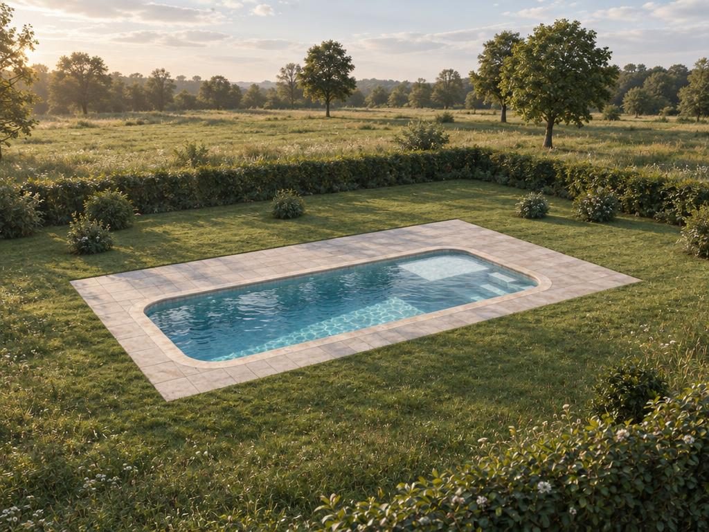 AI-rendered photograph of "621 Ibiza first attempt of pool layout", a 11.0 × 4.6 m rounded pool designed in PoolPlanner
