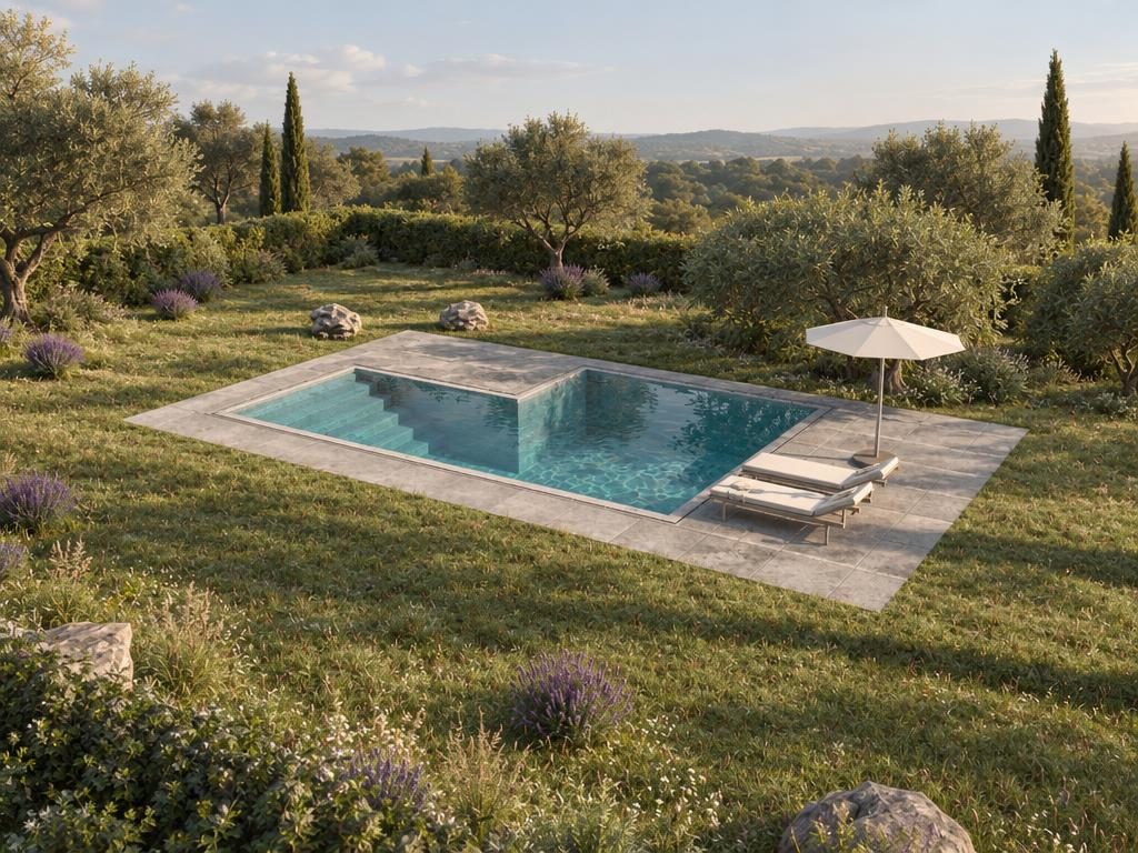 AI-rendered photograph of "Rectangle", a 8.5 × 5.5 m l-shape pool designed in PoolPlanner