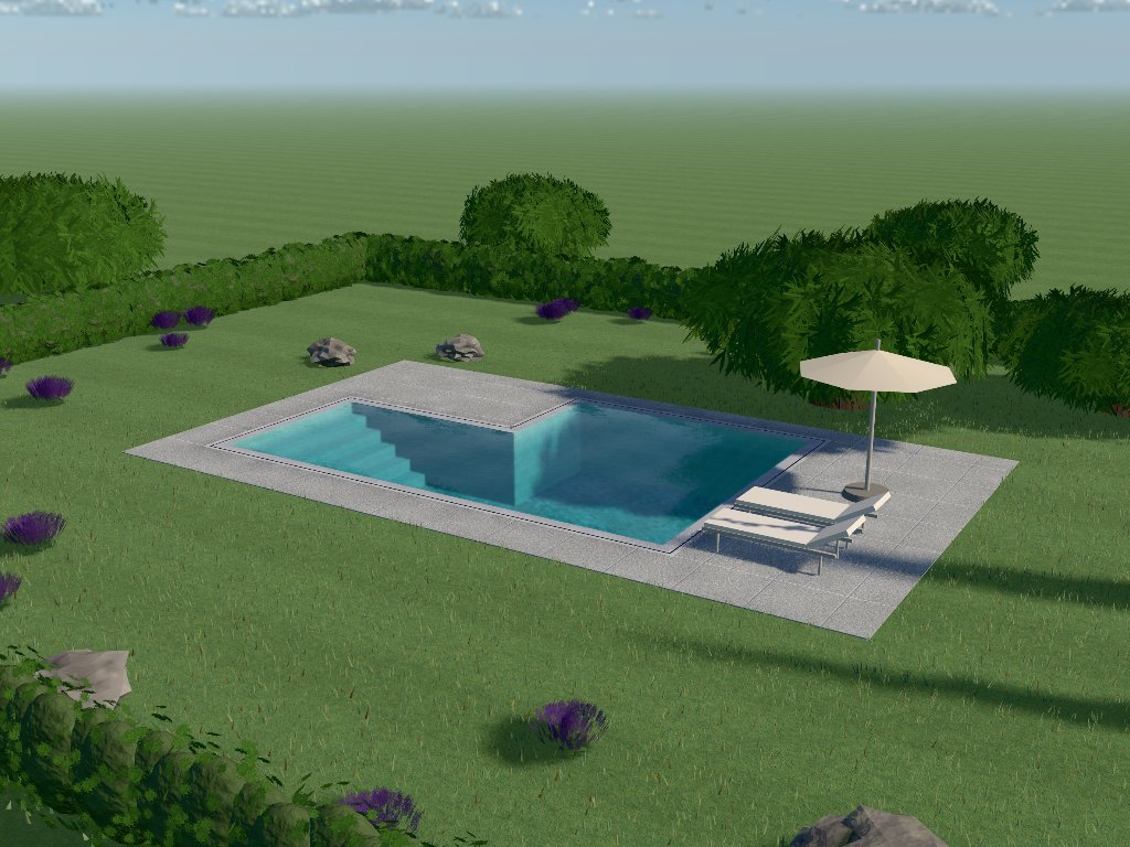 A 9 by 6 metre l-shape pool, 1.40 m deep, seen from above at an angle