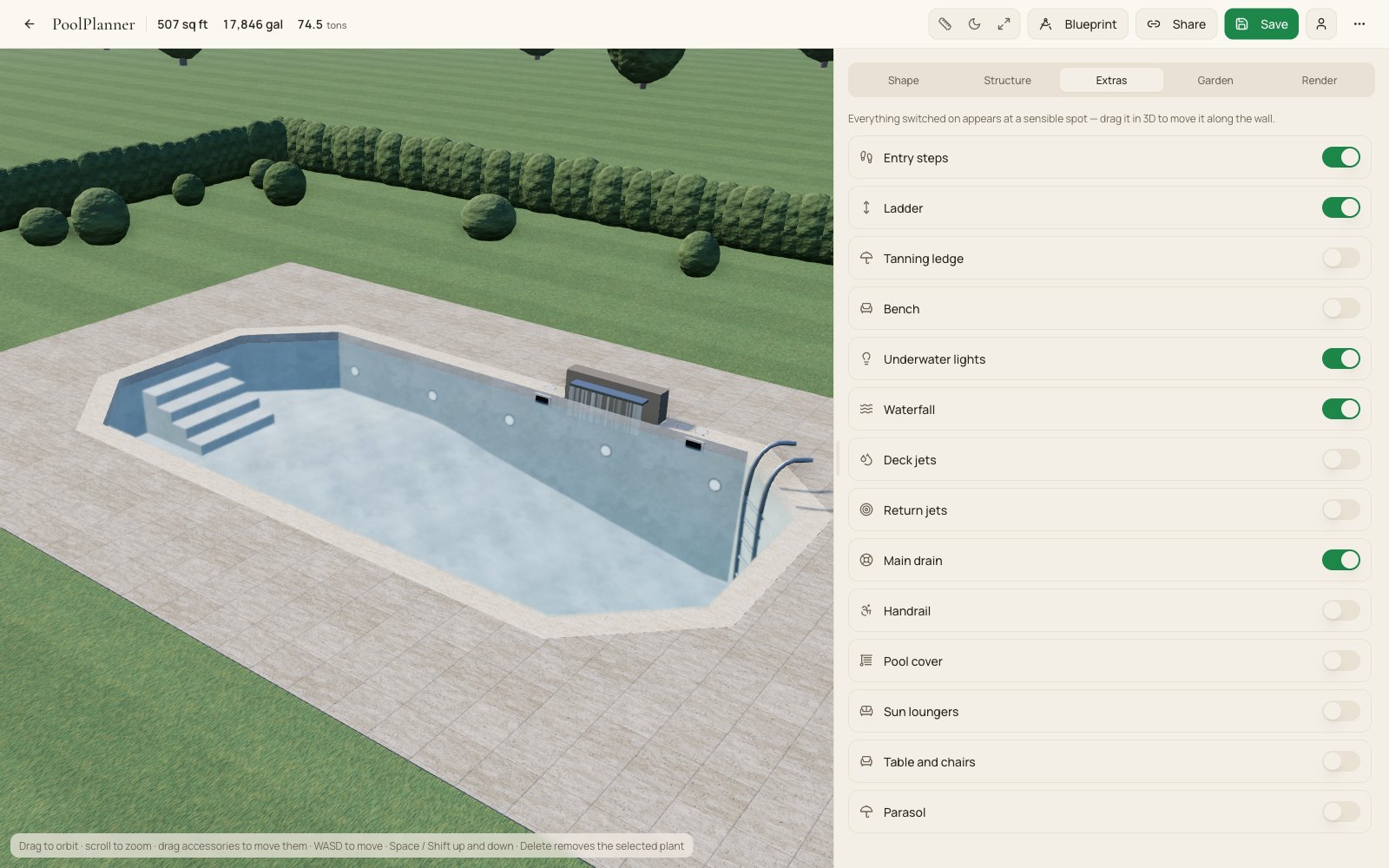 Extra: L'editor di PoolPlanner aperto su una piscina, con i controlli a lato.
