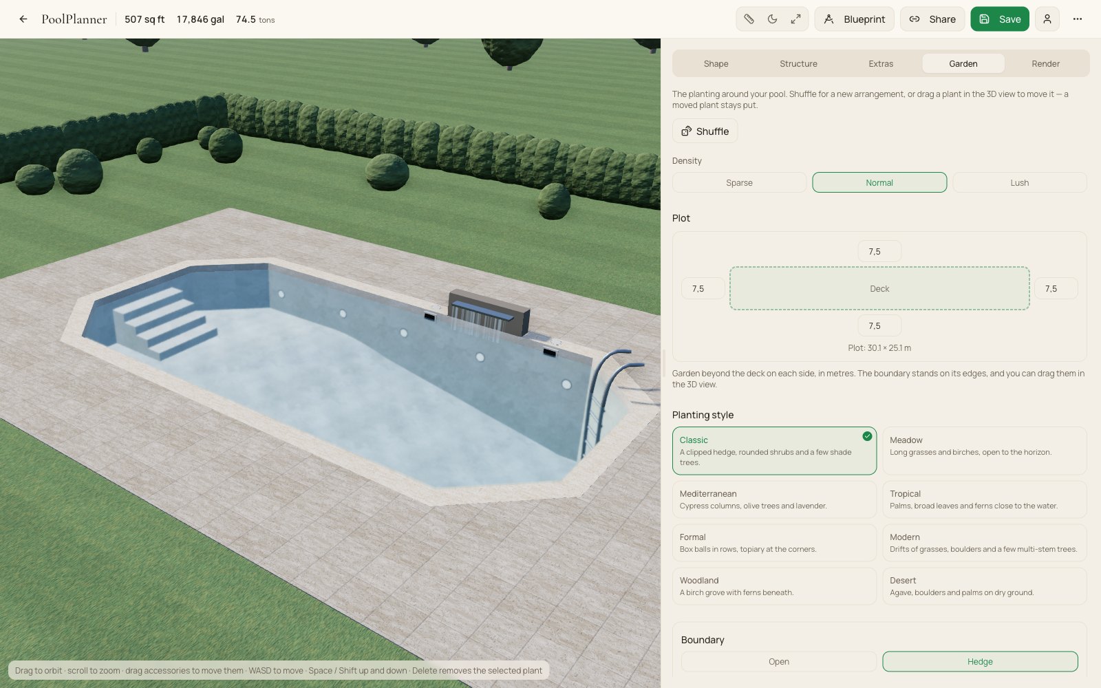 L'editor di PoolPlanner nella scheda Giardino, con la piantumazione intorno alla piscina.