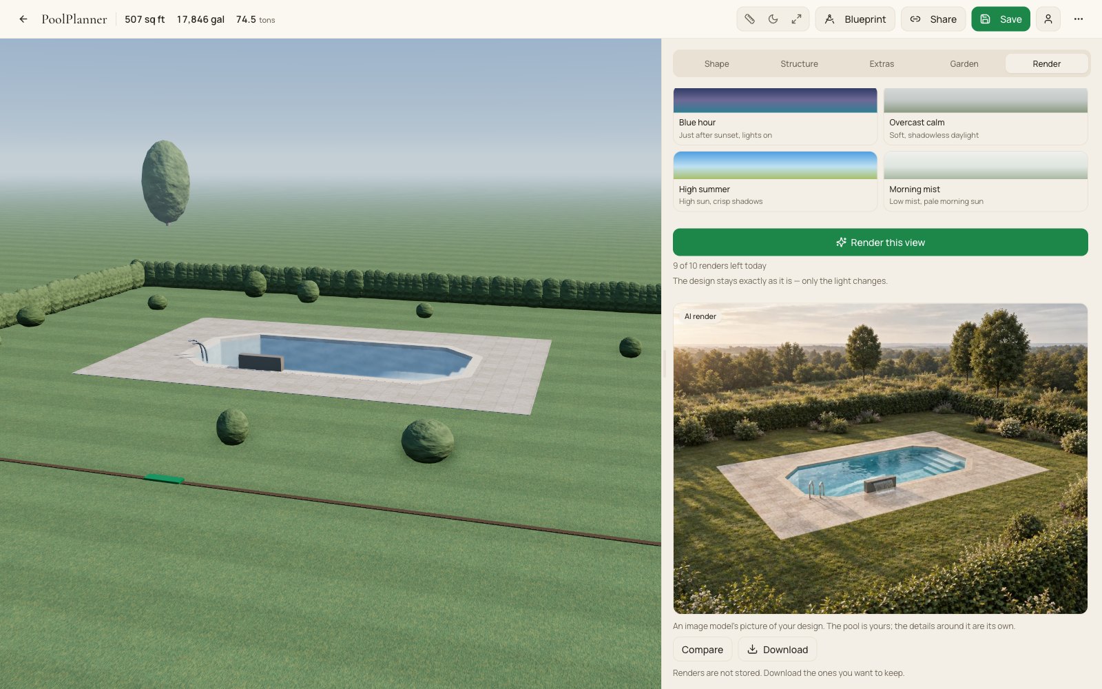 L'editor di PoolPlanner nella scheda Render, mentre si sceglie una luce.