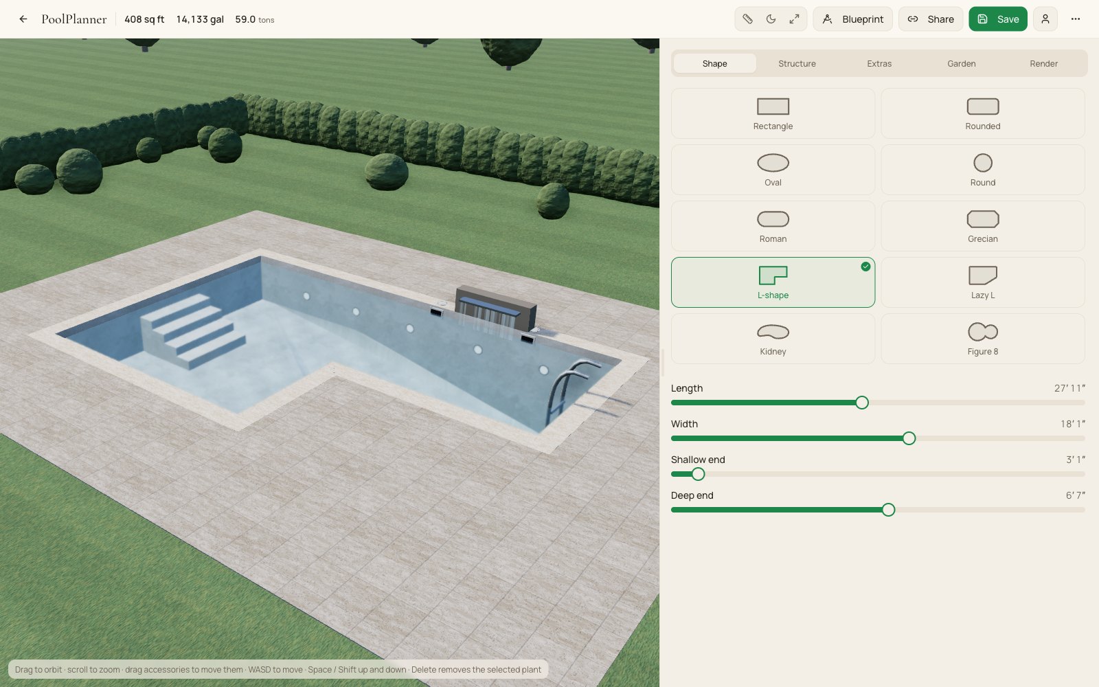 Opzioni piscina: L'editor di PoolPlanner aperto su una piscina, con i controlli a lato.