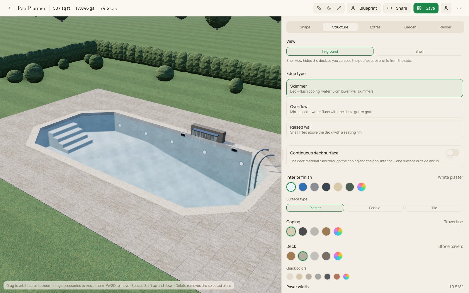 Finiture e texture: L'editor di PoolPlanner aperto su una piscina, con i controlli a lato.