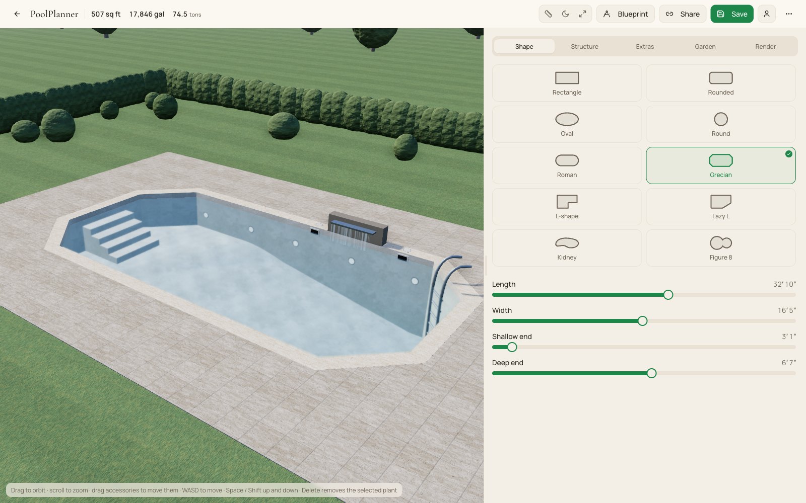 L'editor di PoolPlanner, con una piscina e il suo pannello di controlli laterale.