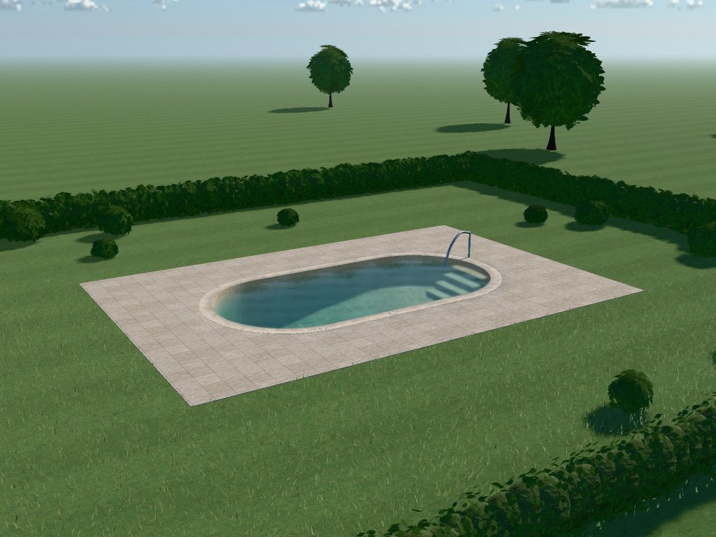 A Roman pool on a pale paver deck between hedges, exactly as PoolPlanner's 3D editor drew it, before the render.