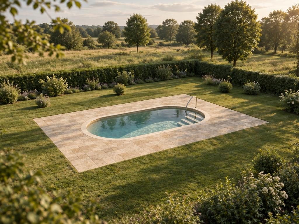 The same pool re-photographed by an image model in soft daylight: an AI render made from the 3D view.