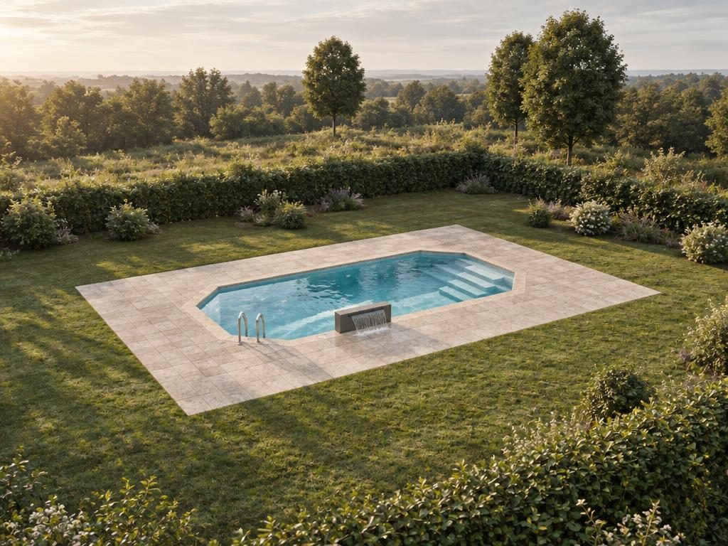 La stessa piscina, rifotografata da un modello di immagini in una soffice luce diurna.