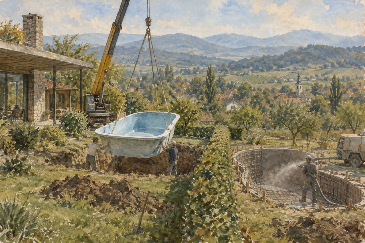A crane lowering a fibreglass shell into a hole while, over the hedge, concrete is sprayed on a curved pool.