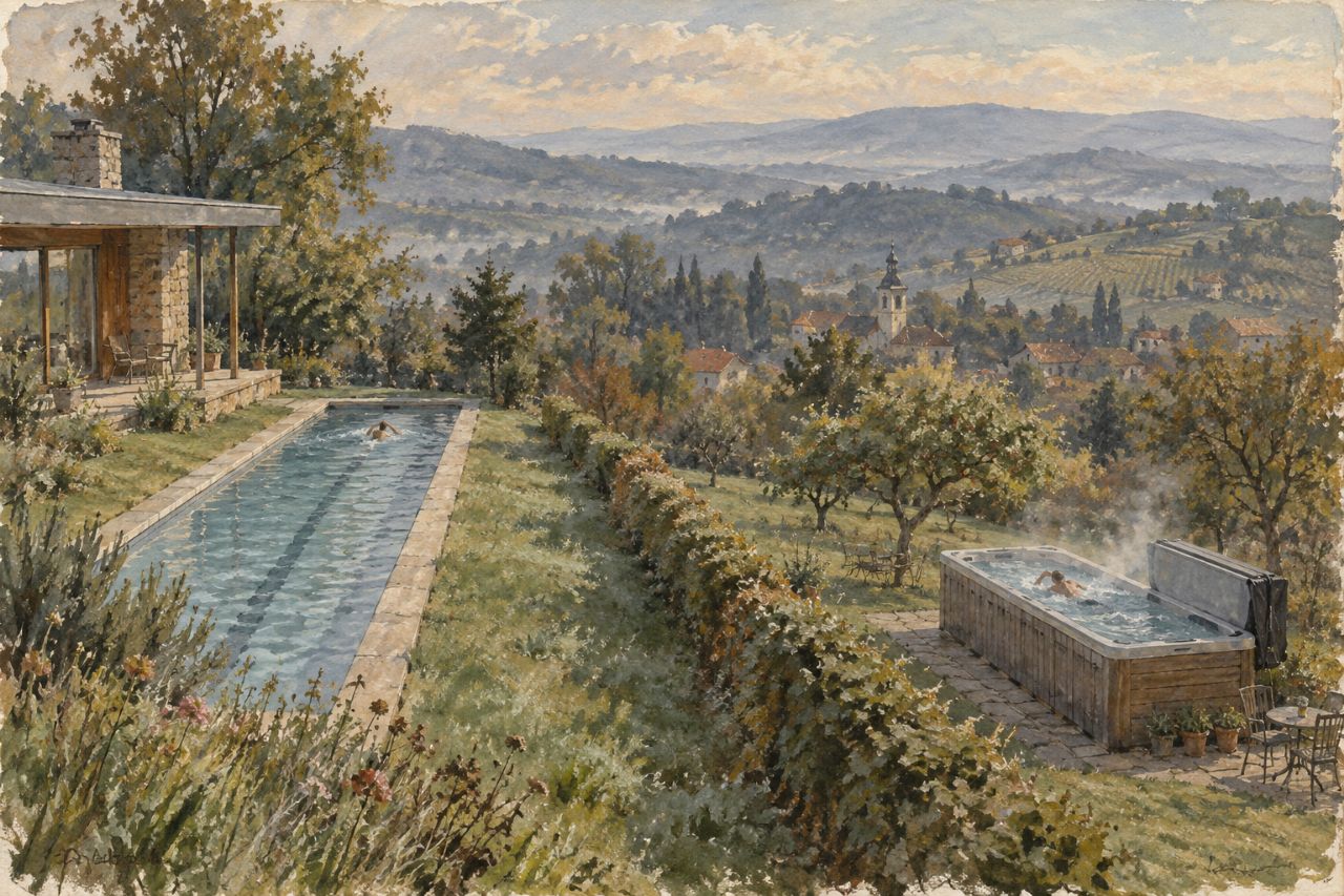A long, narrow lap pool running the length of one garden and, over the hedge next door, a swimmer in a steaming swim spa.