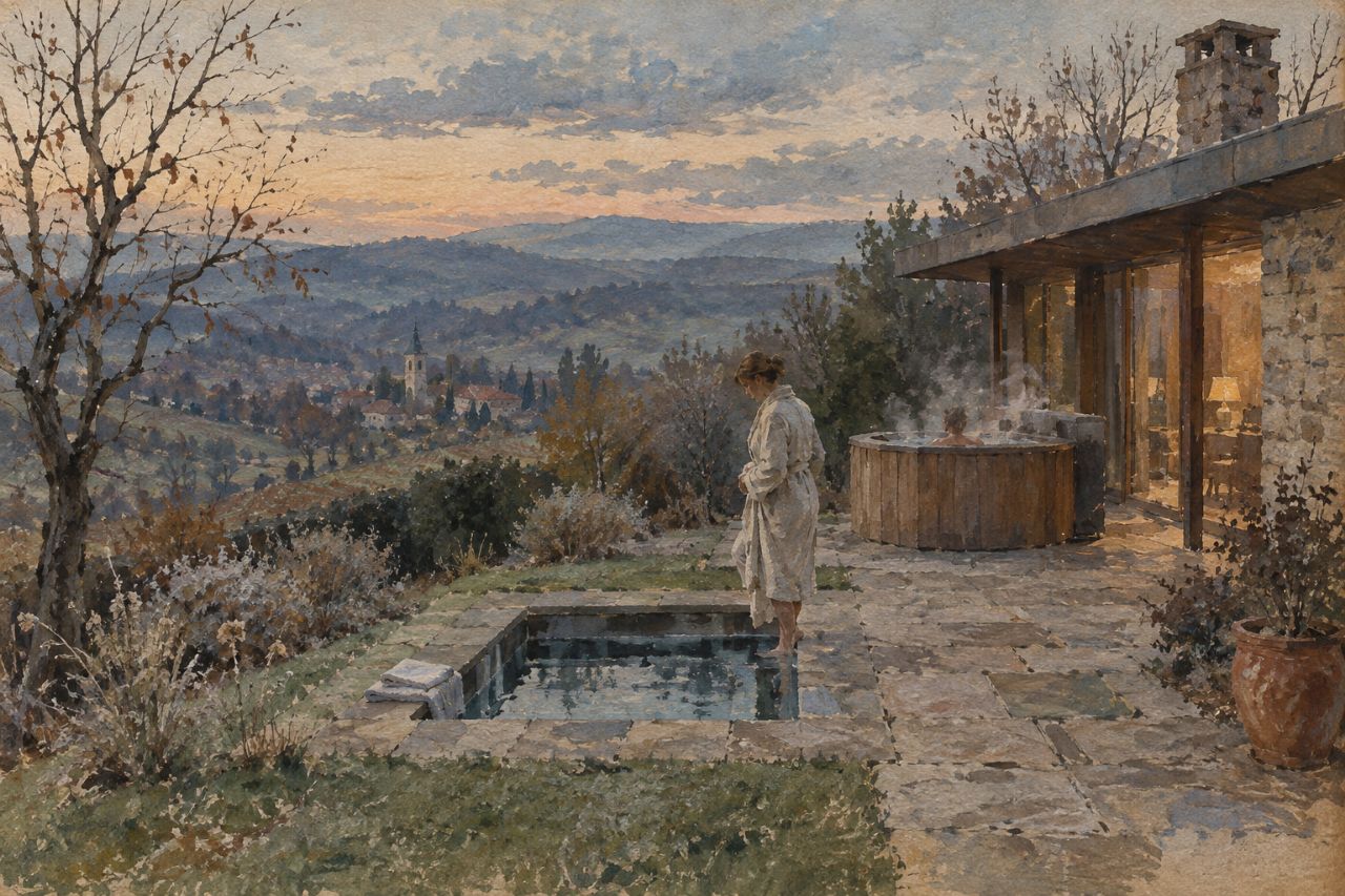 A small plunge pool set into stone paving at dusk, and beyond it a steaming timber-clad hot tub by the lit house.