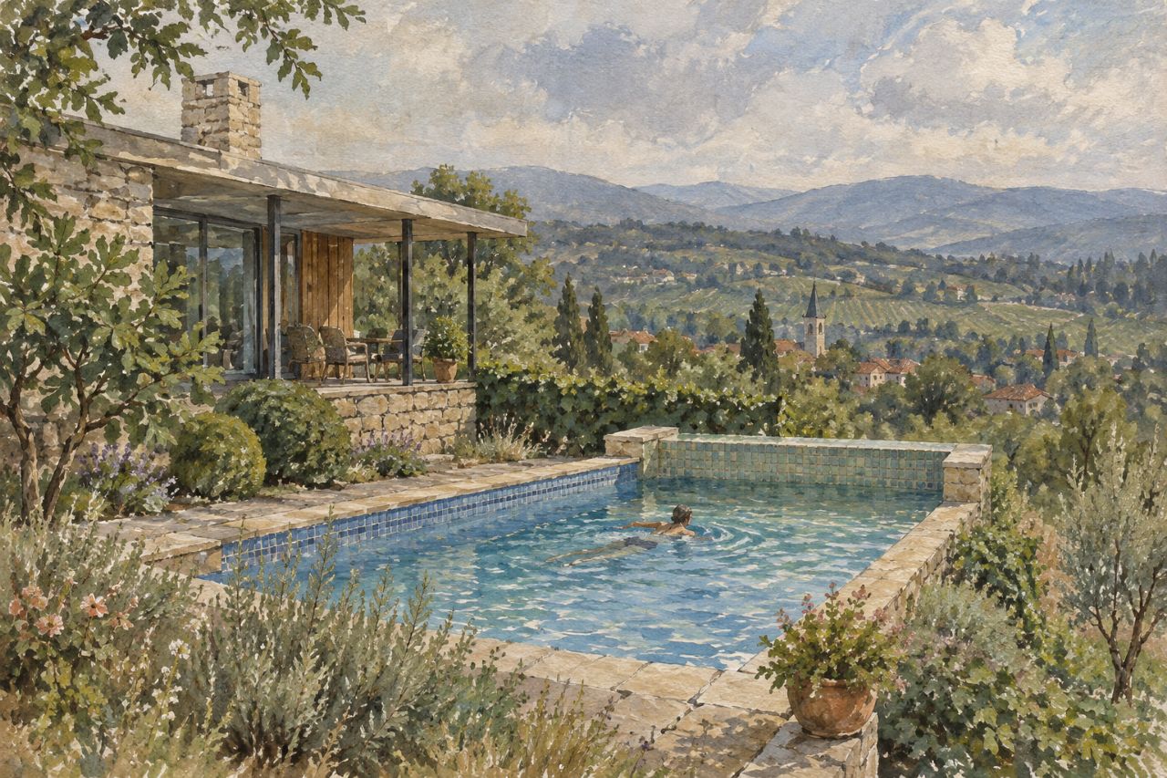 Una piscina con liner ampliata in fondo da una parte in calcestruzzo rialzata e piastrellata, con fascia in mosaico.