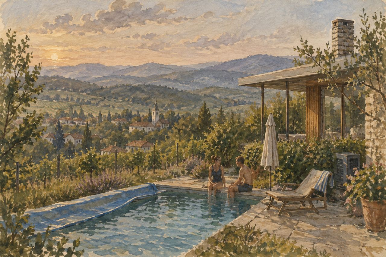 A lived-in pool at sunset, a bubble cover half drawn back, a parasol and a heat pump by the house.