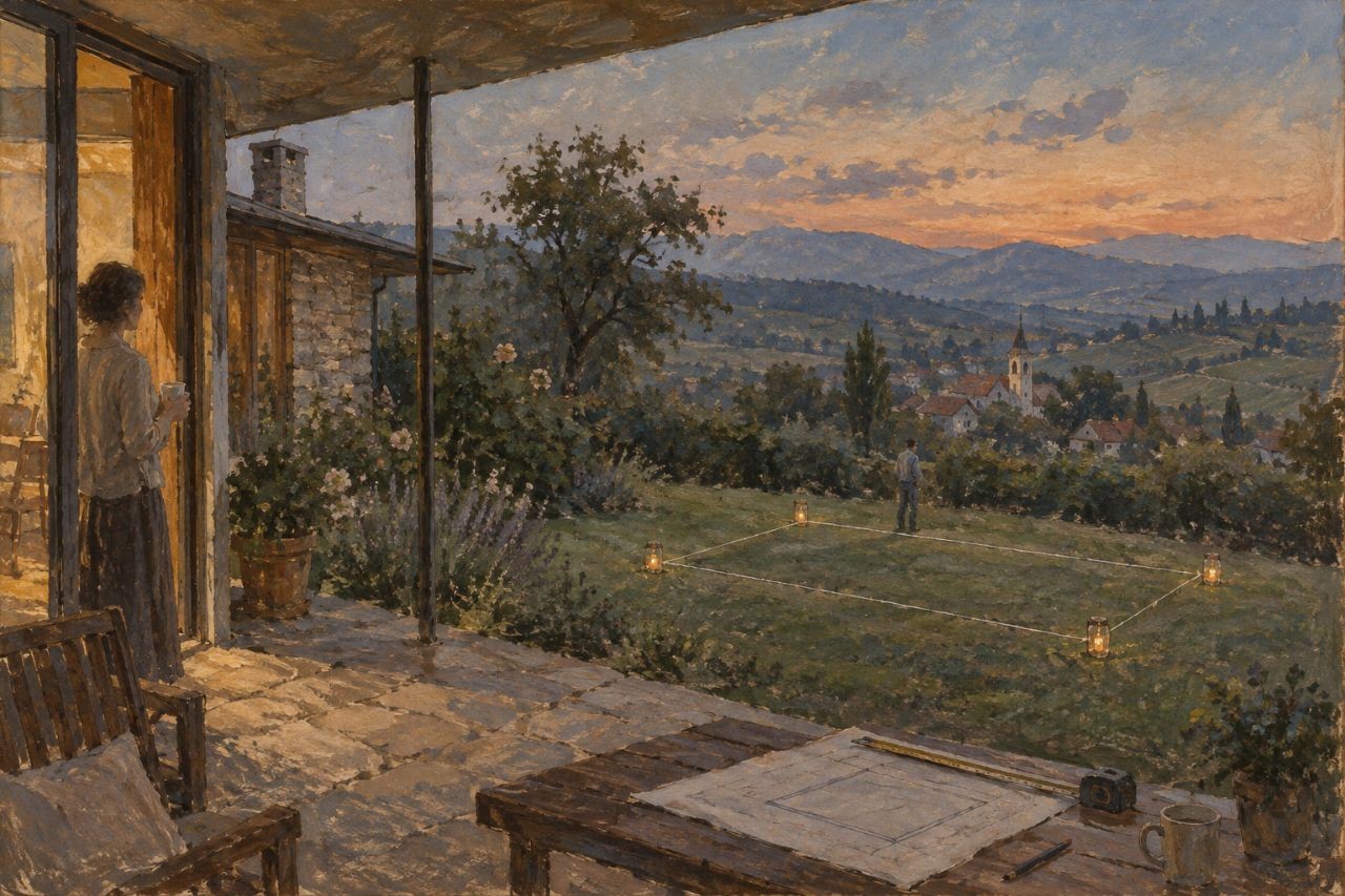 A pool outline pegged out in string on a lawn at dusk, a lantern at each corner, seen from the house's open doors.