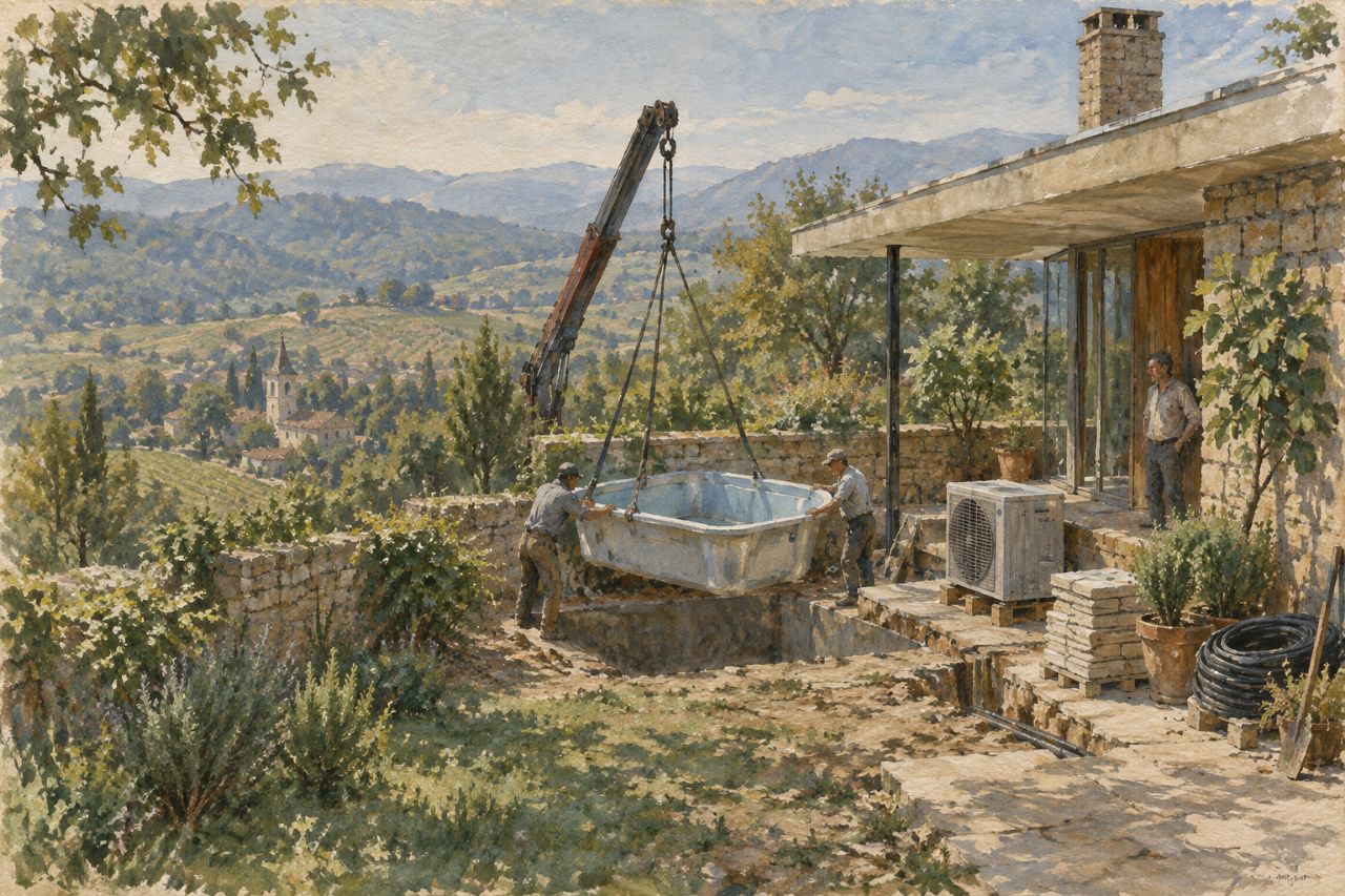 A one-piece plunge pool shell lowered by crane over a garden wall into a small terrace corner, with a heat pump and paving waiting beside it.
