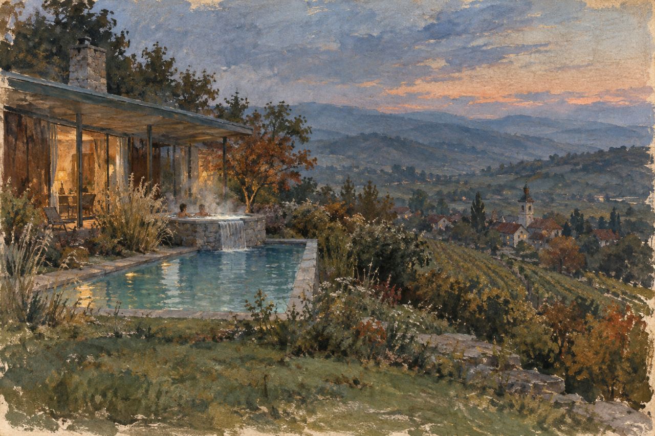 A raised spa steaming at dusk and spilling into a calm pool beside a warmly lit house.