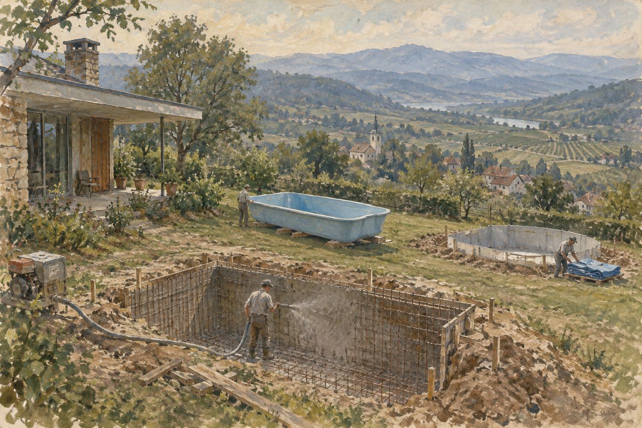 Tres piscinas en obra en un mismo jardín: hormigón proyectado sobre ferralla, un vaso de poliéster sobre tablones y paneles para liner.