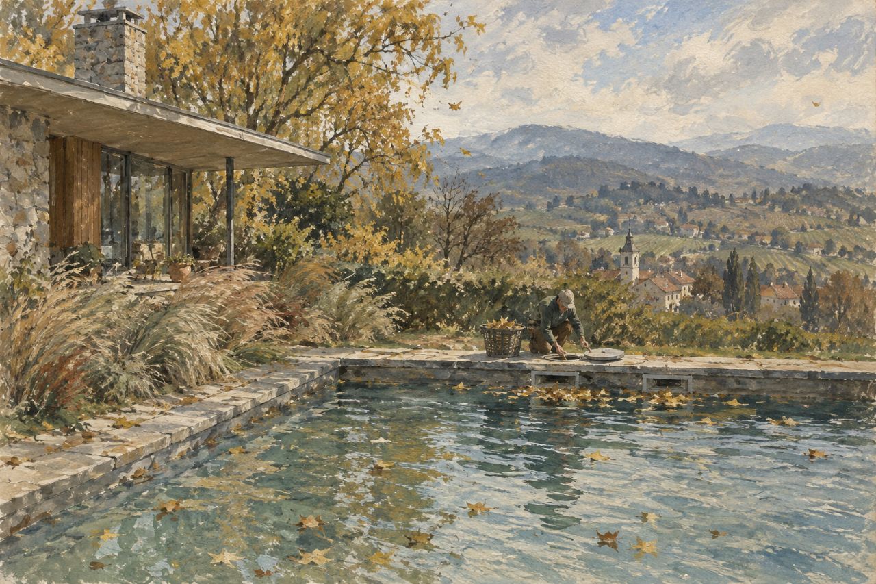 Autumn wind pushing a drift of leaves across a pool toward two skimmer openings in the far wall, one lid lifted beside a full basket.