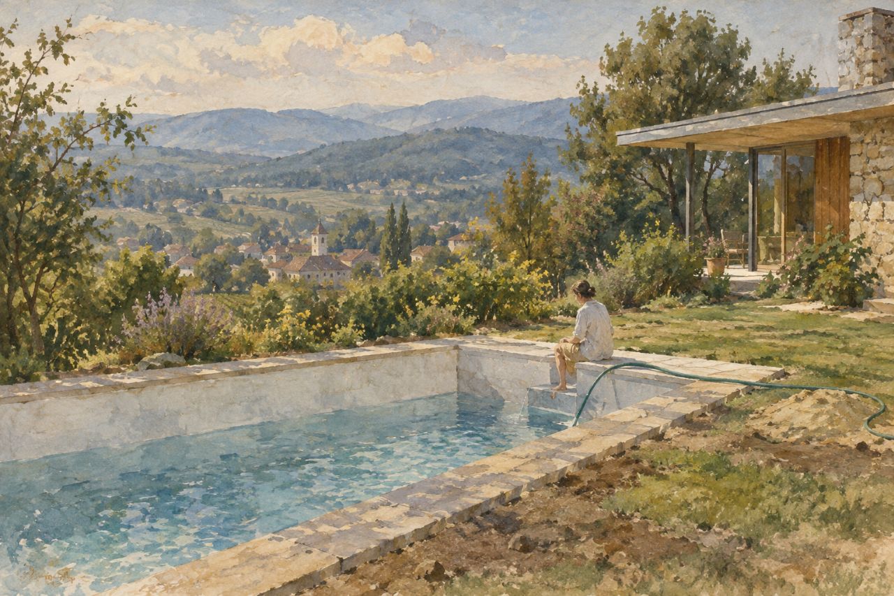 Ein neu gebauter Pool, halb mit Wasser gefüllt, ein Gartenschlauch läuft vom Wasserhahn an der Hauswand über den Beckenrand.