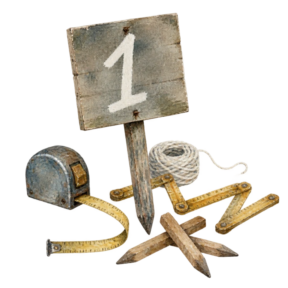 A measuring tape, a folding rule, wooden pegs and a coil of string beside a numbered marker board.