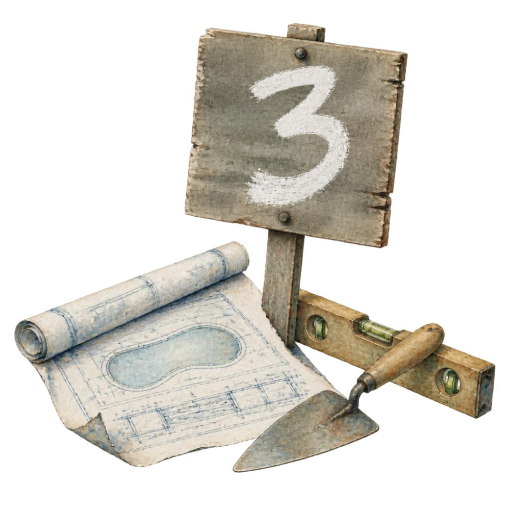 A rolled and unrolled blueprint showing a pool in plan and section, beside a numbered marker board.